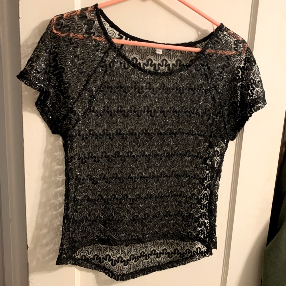 SUN Knit Lace Crew Neck Shirt, Short Sleeve, Sparkle size Medium